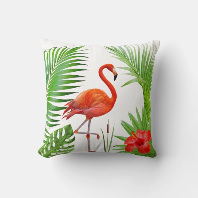 Red Flamingo, Hibiscus och Tropical Handflatan Löv Kudde (Framsida)