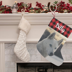 Red Flanals Play Rustic Pet Hund-fotomonogram Liten Julstrumpa