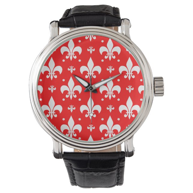 Red Fleur-de-lis Mönster Design Armbandsur (Framsida)