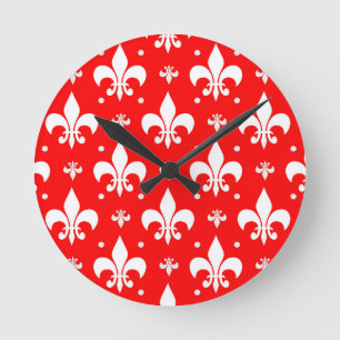 Red Fleur-de-lis Mönster Design Rund Klocka
