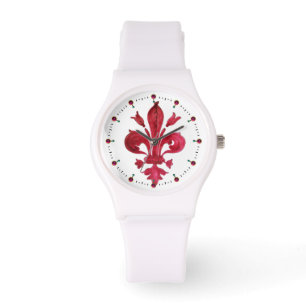 RED FLEUR DE LISE IN WHITE Blommigt Heraldic Armbandsur