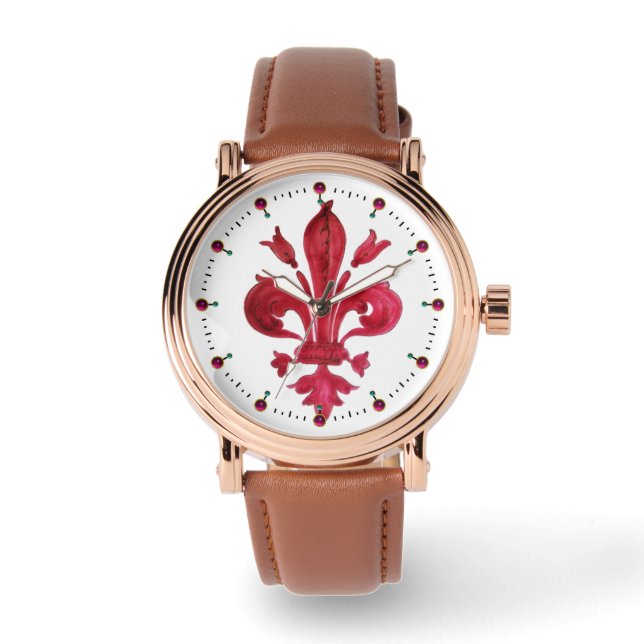 RED FLEUR DE LISE IN WHITE Blommigt Heraldic Armbandsur (Framsida)