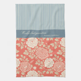 Red Floral Block Print w Blue Stripes Kökshandduk