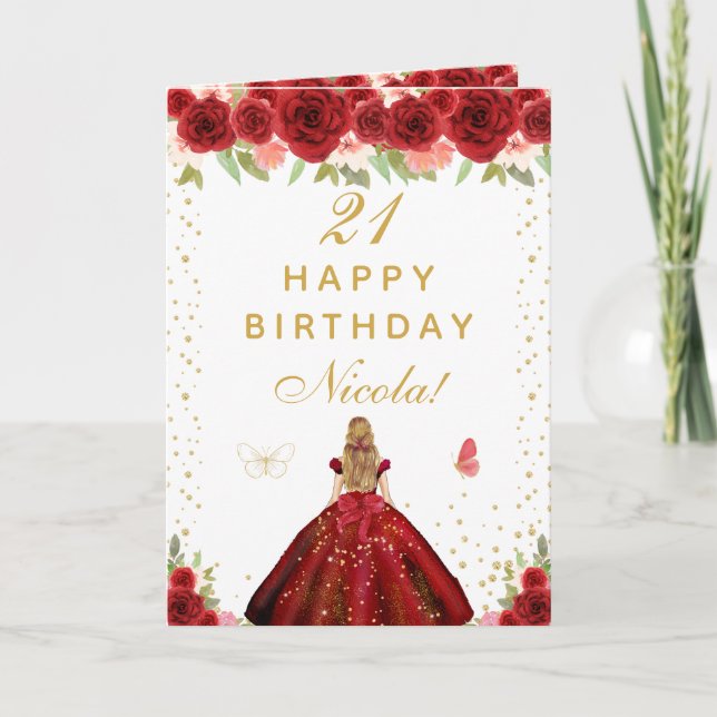 Red Floral Blonde Hair Girl Birthday Kort (Framsida)