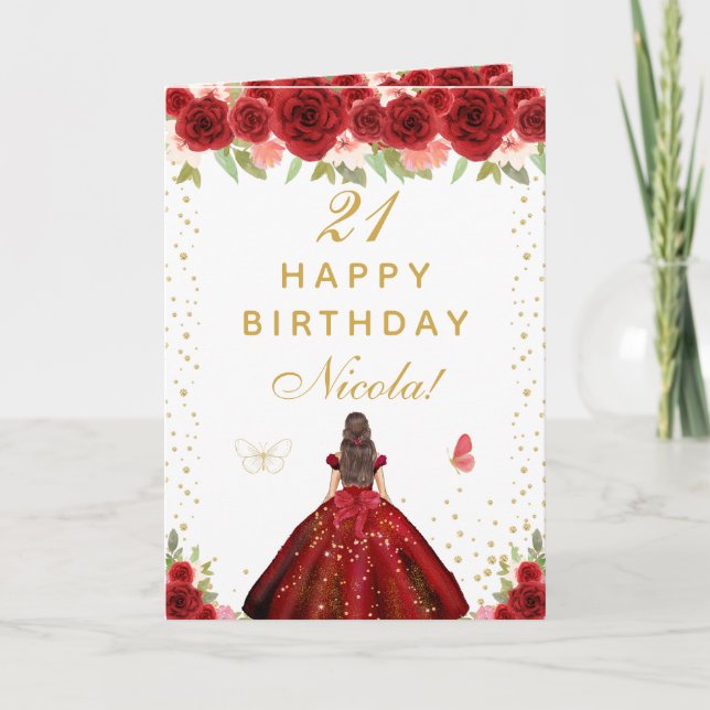 Red Floral Brunette Hair Girl Birthday Kort (Framsida)