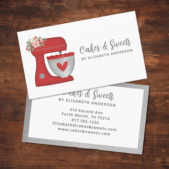 Red Floral Cake Mixer Bakery Business Card Visitkort (A cute red floral mixer business card. Personalize it with your name and business info.)