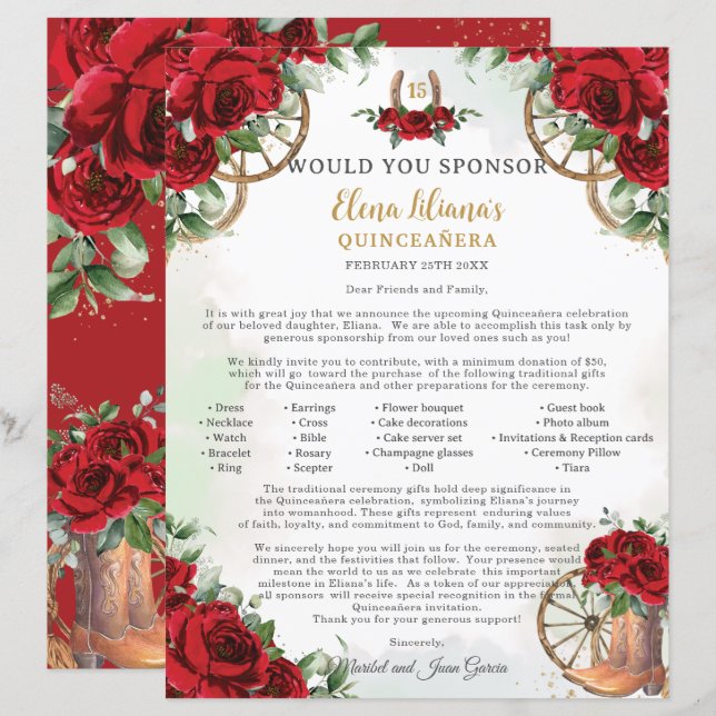 Red Floral Charro Boots Quinceañera Sponsor Letter (Fram/baksida)
