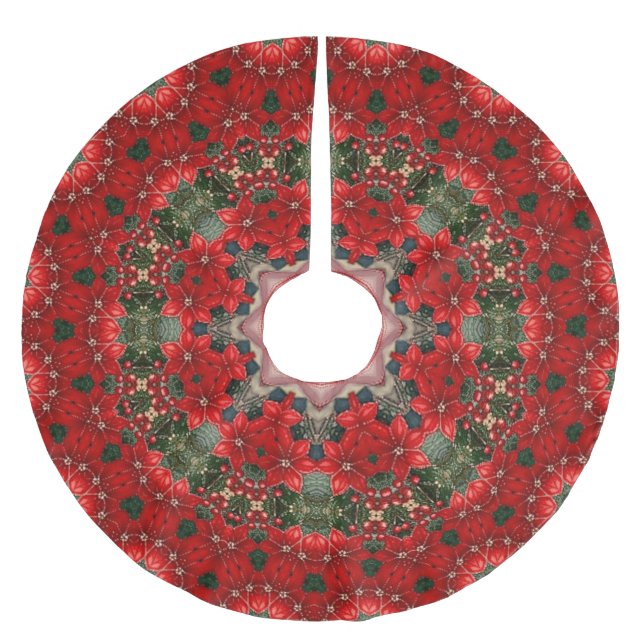 Red Floral Christmas Tree Skirt Julgransmatta Borstad Polyester (Framsidan)