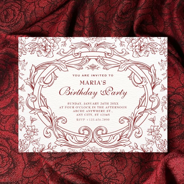 Red Floral classic vintage birthday Inbjudningar (Skapare uppladdad)