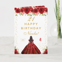 Red Floral Dark Skin Girl Birthday Kort