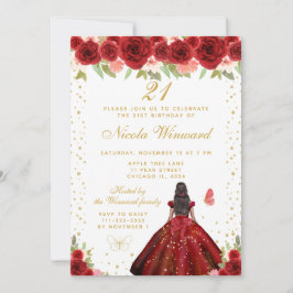 Red Floral Dark Skin Princess Birthday Party Inbjudningar