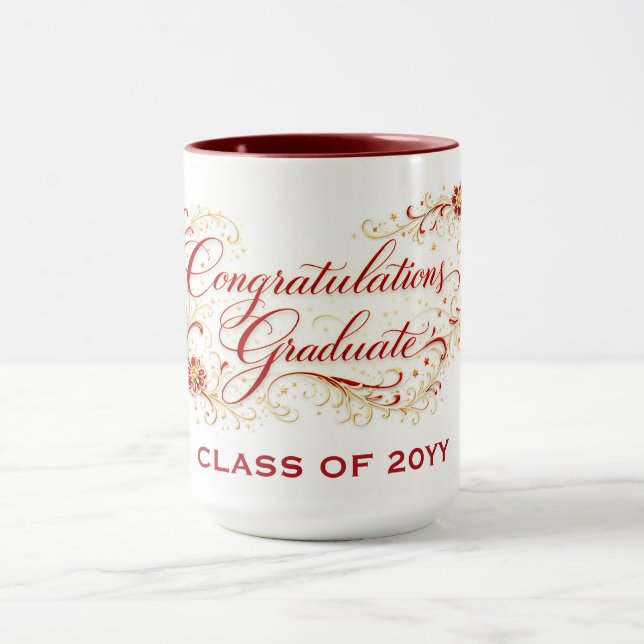 Red Floral Graduation Script with Custom Year Mugg (Center)