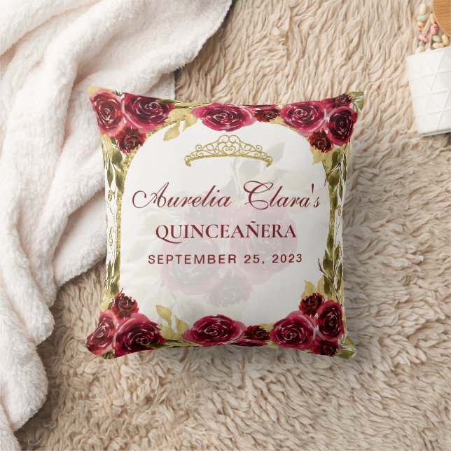 Red Floral Princess Gold Arch Quinceanera Kudde (Filt)