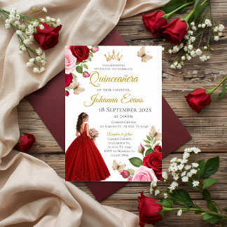Red Floral Quinceanera Inbjudningar