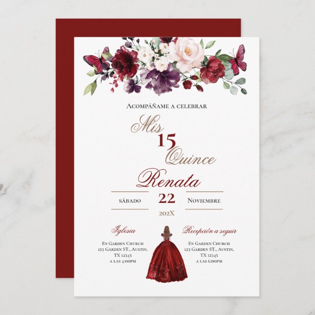 Red Floral Quinceañera Invitation Spanish  Inbjudningar (Fram/baksida)