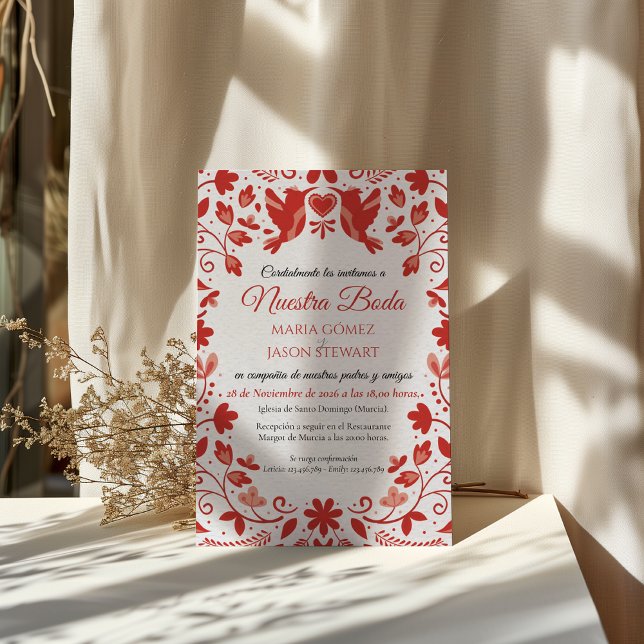 Red Floral Romantic Aesthetic Spanish Wedding Inbjudningar (Red Floral Romantic Aesthetic Spanish Wedding Invitation)