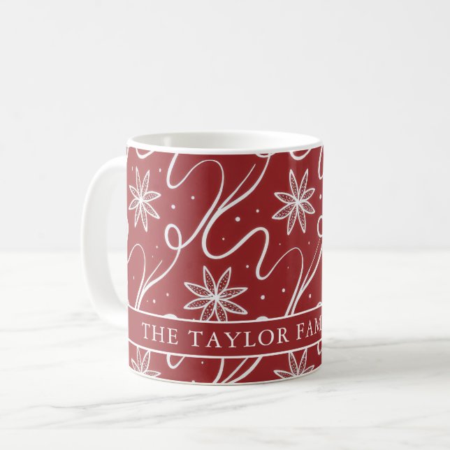 Red Floral Swirl Christmas Family Name Kaffemugg (Framsida vänster)