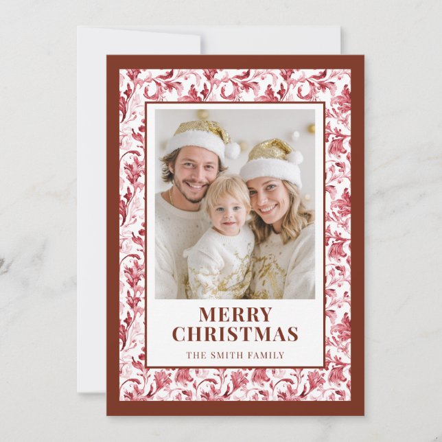 Red Floral Toile Christmas Photo Holiday Card Julkort (Framsida)
