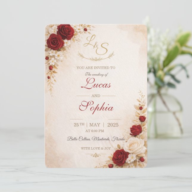 Red Floral Wedding Invitation Card Inbjudningar (Stående Fram)