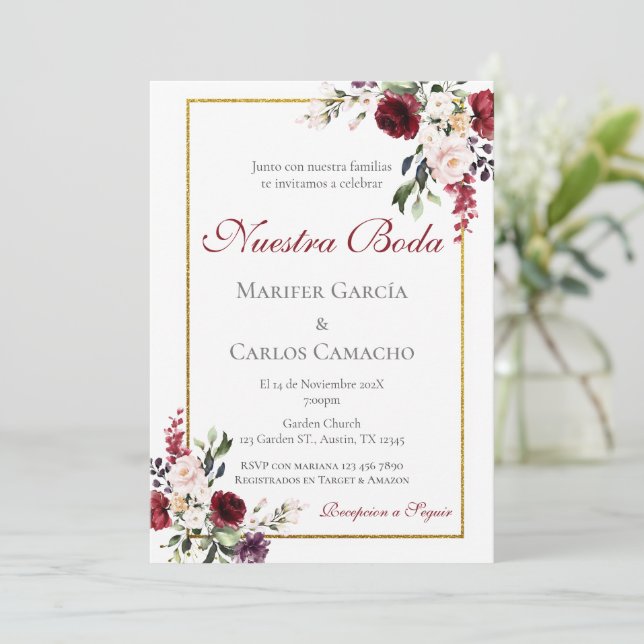 Red Floral Wedding invitation Invitación boda espa Inbjudningar (Stående Fram)