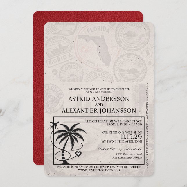 Red Florida Passport bröllop bjudande Inbjudningar (Fram/baksida)
