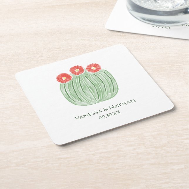 Red Flower Barrel Cactus Wedding Cocktail Hour Underlägg Papper Kvadrat (Vinklad)