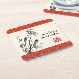 Red flower bird oriental Chinese wedding Underlägg Papper