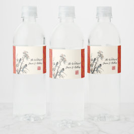 Red flower birds oriental Chinese wedding  Vattenflaskor Etikett