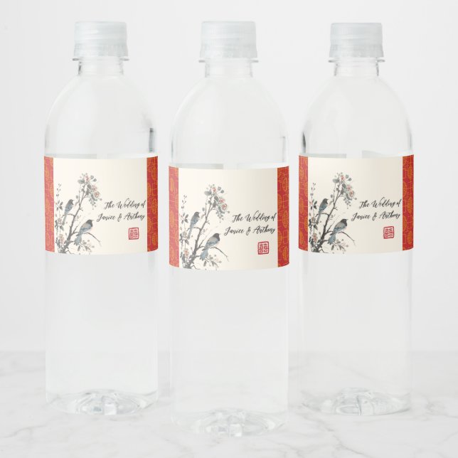 Red flower birds oriental Chinese wedding  Vattenflaskor Etikett (Flaskor)