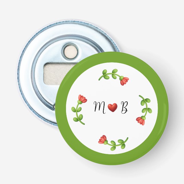 Red Flower Bottle Opener with Heart and Initials Flasköppnare (Framsidan)