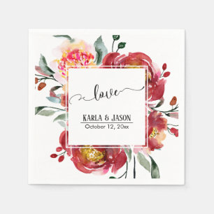 Red Flower Bouquet med Swirling Kärlek Typografi Pappersservett