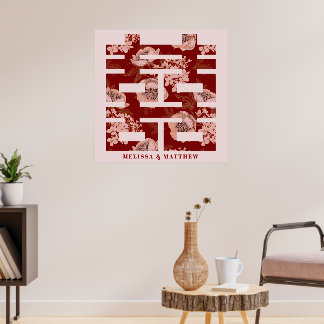 Red Flower Dubbla Happity Chinese Bröllop Poster
