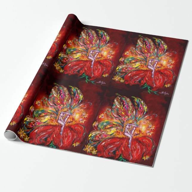 RED FLOWER FAIRY Fantasy Presentpapper (Utrullad)