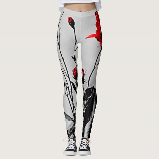 Red Flower Grått Art Leggings (Framsida)