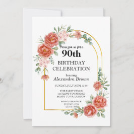 Red Flower Guld Ram 90:e Birthday Photo Party Inbjudningar