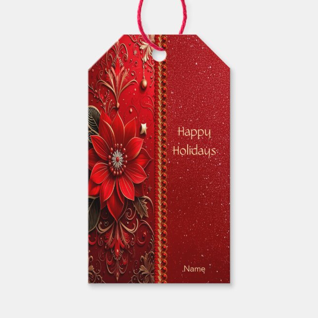 Red Flower Holiday Gift Tag Presentetikett (Framsidan)