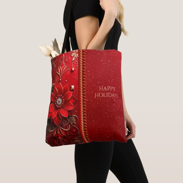 Red Flower Holiday Tote Bag Tygkasse (Närbild)