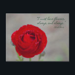 Red Flower Inspirational Garden Quote Monet Vykort<br><div class="desc">Bilden av en vacker röd ranunculus visar blommarna att flyta i trädgården. "Jag måste ha blommor,  alltid och alltid." Claude Monet. Med vykort kan du lägga till en namn eller annan anpassning. Använda för att spara vykort,  inbjudan,  trädgård party med mera.</div>