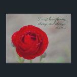 Red Flower Inspirational Garden Quote Monet Vykort<br><div class="desc">Bilden av en vacker röd ranunculus visar blommarna att flyta i trädgården. "Jag måste ha blommor,  alltid och alltid." Claude Monet. Med vykort kan du lägga till en namn eller annan anpassning. Använda för att spara vykort,  inbjudan,  trädgård party med mera.</div>