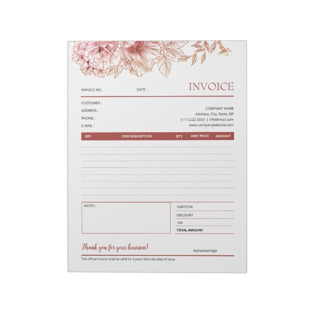 Red Flower Line Art Small Business Fvoice-formulär Anteckningsblock (Roterad)