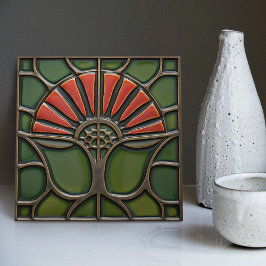 Red Flower Mid Century Symmetry Arts and Crafts Kakelplatta