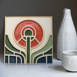 Red Flower Mid Century Symmetry Arts and Crafts Kakelplatta