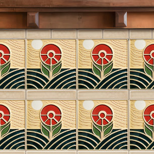 Red Flower Mid Century Symmetry Arts and Crafts Kakelplatta