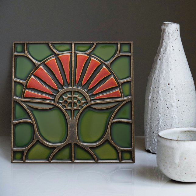Red Flower Mid Century Symmetry Arts and Crafts Kakelplatta (Skapare uppladdad)