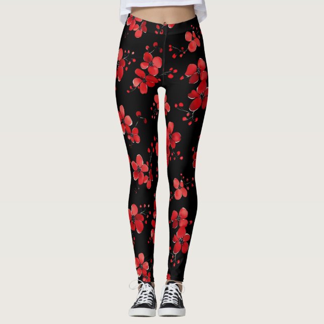 Red Flower Mörk Mönster Leggings (Framsida)