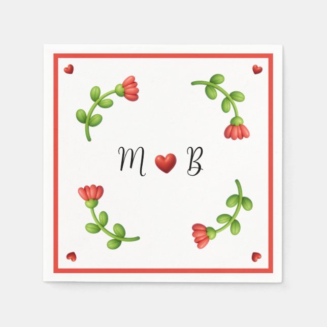 Red Flower Paper Napkins – Personalized Monogram Pappersservett (Framsidan)