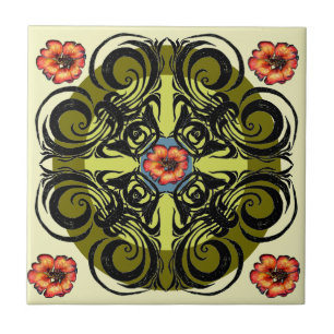 Red Flowers and Black Retro Tiles Kakelplatta