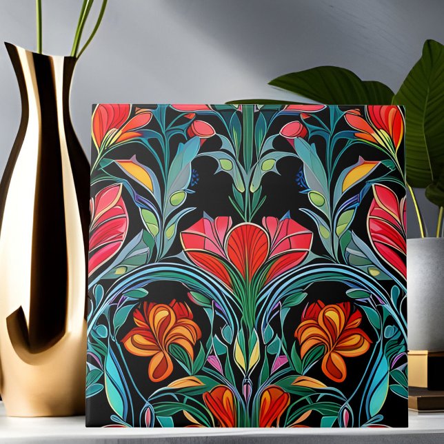 Red Flowers Art Deco Art nouveau Kakelplatta (Skapare uppladdad)