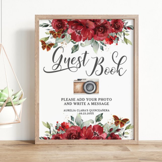 Red Flowers Blommigt Birthday Guest Bok Photo Sign Poster (Skapare uppladdad)