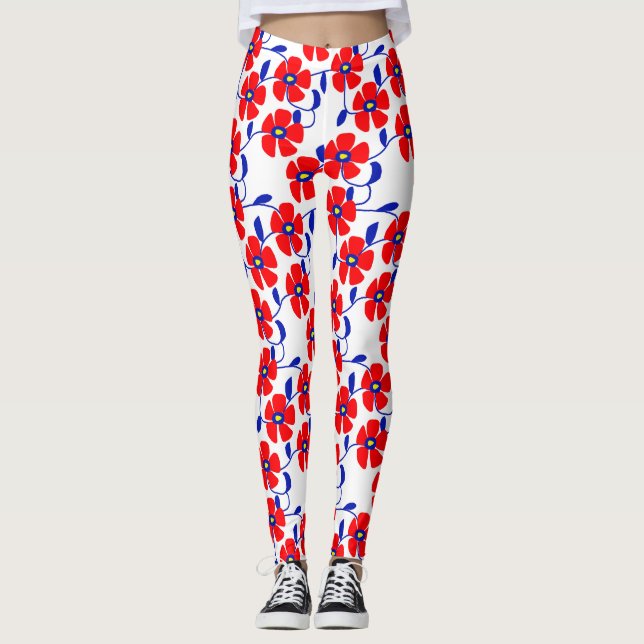 Red Flowers Blue Vines Leggings (Framsida)